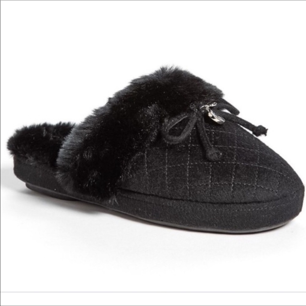 Michael Kors Black Quilted Faux-Fur Trim Slip-On Slippers